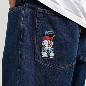 Empyre Men's Dark Blue Denim Chinos with Embroidered Character